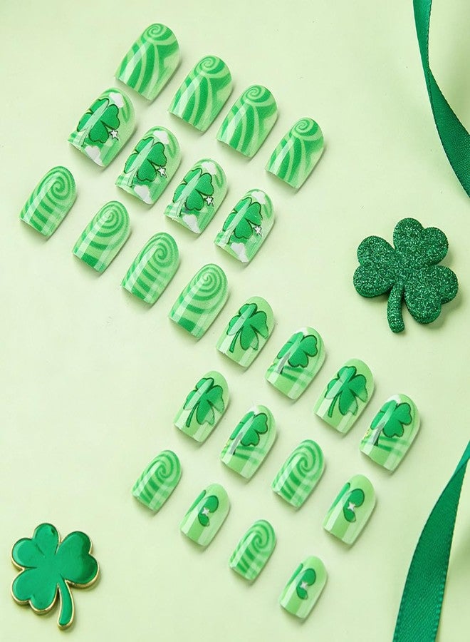 OSTTMA 24Pcs St. Patrick's Day Press on Nails Shamrock Fake Nails Short Square Acrylic Nail with Clover Vortex Cloud Designs Glossy Green Shamrocks Glue on Nails Full Cover Artificial Nail for Women - Image 4